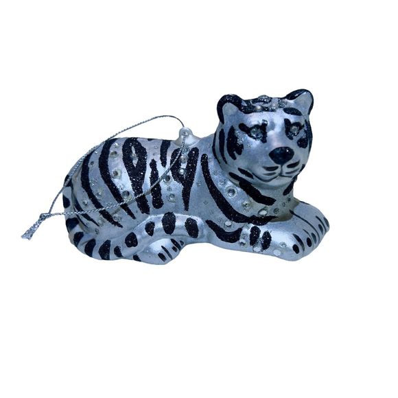 Black Gray Striped Clear Rhinestones Glass Bear Ornament Christmas 5” x 2.5” - Picture 8 of 8